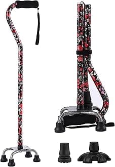 Floral Quad Cane for Women, Adjustable Walking Canes with 3-in-1 Interchangeable Base(3 Tips) for Versatile Support, Stylish & Stable Mobility Aid for Seniors Confidence