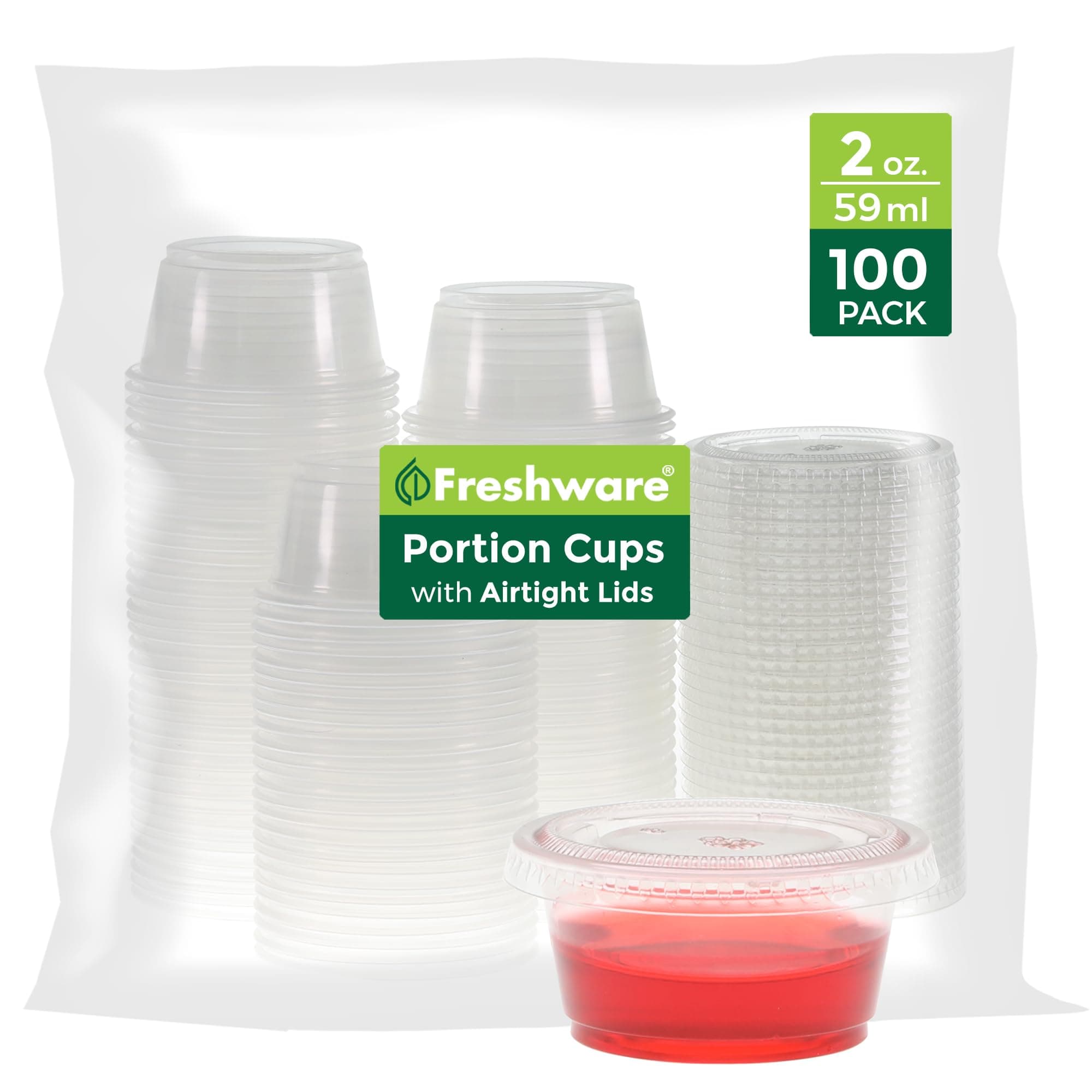 Plastic Portion Cups with Lids [2 Ounce, 100 Sets] Disposable Plastic Cups for Meal Prep, Salad Dressing, Jellos Shot Cups, Souffle Cups, Condiment and Dipping Sauce Cups