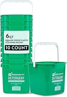 RW Clean 6 Quart Cleaning Buckets, 10 Detergent Square Buckets - With Measurements, Built-In Spout And Handle, Green Plastic Utility Buckets, For Home Or Commercial Use, Restaurantware