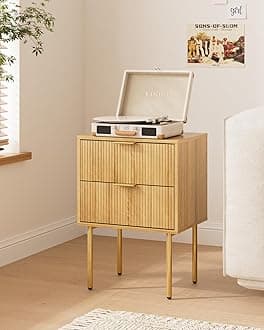 Nightstand,Morden Bedside Table with Gold Frame,Small Night Stand,End Table,Bedside Furniture,Side Table with 2Drawers for Bedroom,Living Room (2Drawers, Oak)