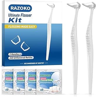 RAZOKO Reusable Dental Flosser Kit, Extra Strong Shred-Resistant Floss, for Hard to Reach Areas, PTFE & PFAS Free (2 White Handles + 240 Refills)