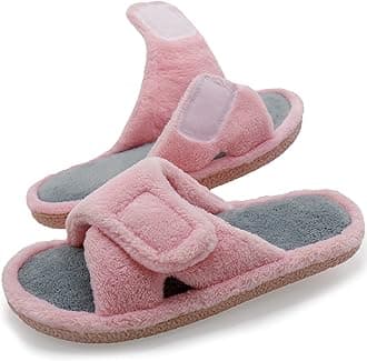 Magtoe Adjustable House Slippers for Women Memory Foam Soft Indoor Shoes Coral Fleece Lined Open Toe Home Slip on Slides Sandals All Seasons