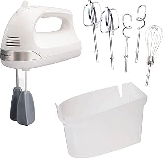 6-Speed Electric Hand Mixer with Whisk, Dough Hooks and Easy Clean Beaters, Snap-On Storage Case, White