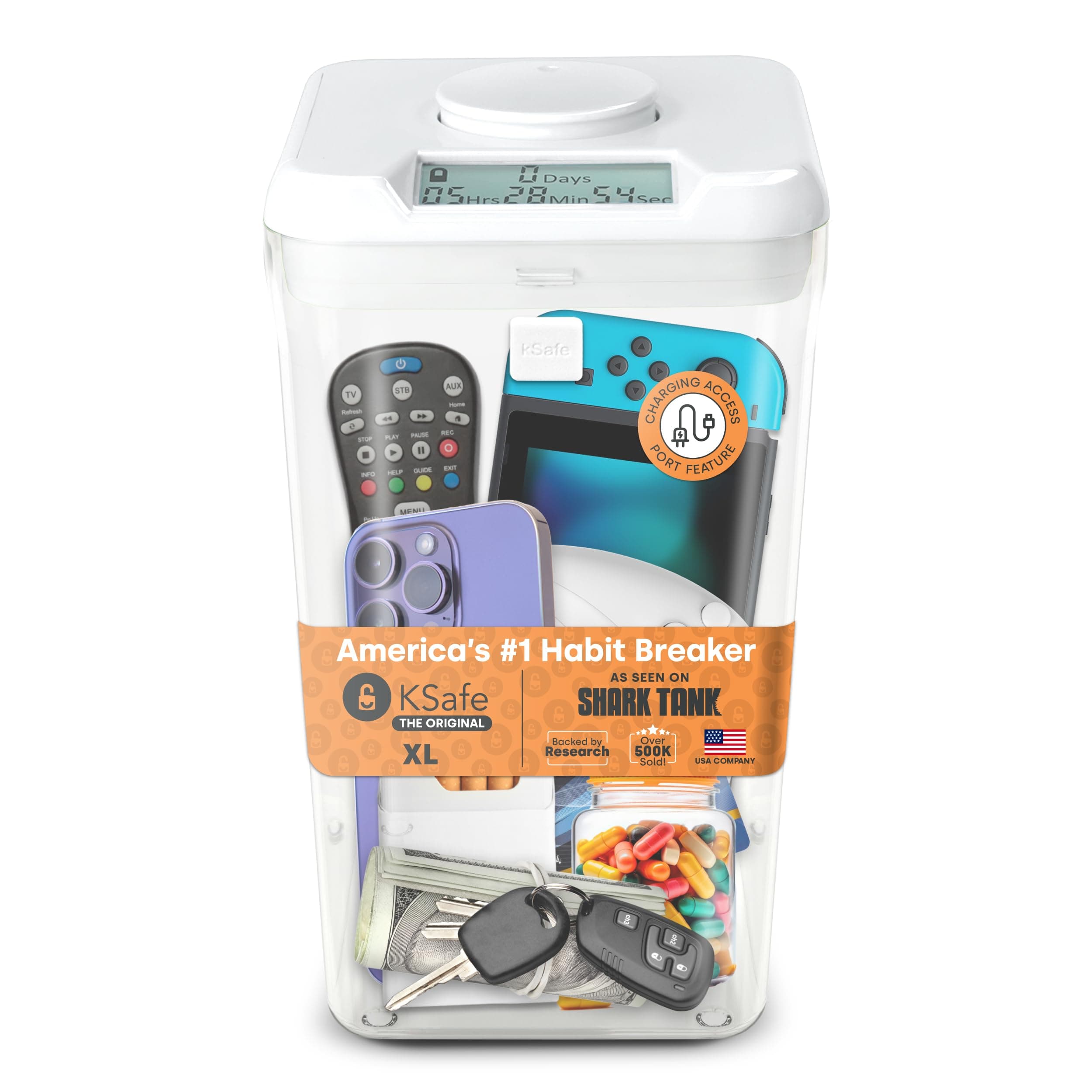 kSafe Time Locking Container XL – Tech Lock Box for Tablets, Game Controllers, Large Snack Bags, BPA-Free Plastic, No Overrides, 5.5” W x 10.4” L, White Lid, Clear Base