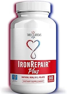 Iron Repair Plus Natural Iron Supplement, Best Absorption Gentle on Stomach, Monash Low FODMAP, Raise Hemoglobin & Ferritin for Women, Teens & Pregnancy Methylated B-12 & Folate, 90 Gelatin Capsules