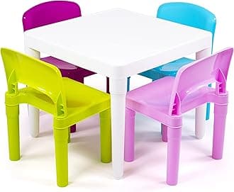 Humble CrewKids Lightweight Plastic 4 Set, Square, Pink/Green/Blue, White Table/Pastel Chairs, 1