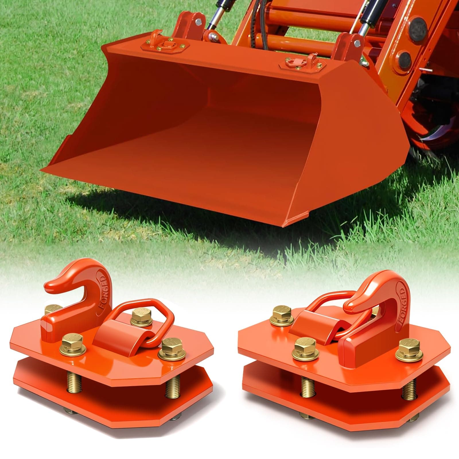 2 Pack 3/8" Tractor Bucket Hooks with D Ring, Grade 70 Forged Steel Bolt On Grab Hook for Tractor Bucket Compatible with Kubota, John Deere, Kiot, RV, UTV, Truck, Max 15,000 lbs,Orange