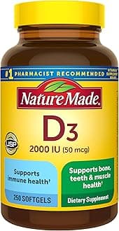 Vitamin D3 2000 IU (50 mcg), Dietary Supplement for Bone, Teeth, Muscle and Immune Health Support, 250 Softgels, 250 Day Supply