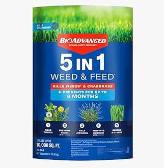 5 In 1 Weed and Feed Granules - Kills Lawn Weeds & Crabgrass - Feeds, Greens & Strengthens Lawn - Treats Up to 10,000 Square Feet - 24 lb Bag