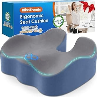 BlissTrends Seat Cushion,5.2in Thick Memory Foam Cushions for Office Chair, Car Seat, Airplane, Relieving Pressure Tailbone Sciatica Back Pain for Long Sitting Office Workers, Car Drivers Gery&Blue