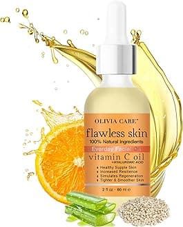 Olivia Care Vitamin C + Hyaluronic Acid Flawless Essential Facial Oil Acid 100% Natural, Reviving, Hydrating, Calming & Soothing. Stabilize & Retain Moisture 2 fl oz (Vitamin C)