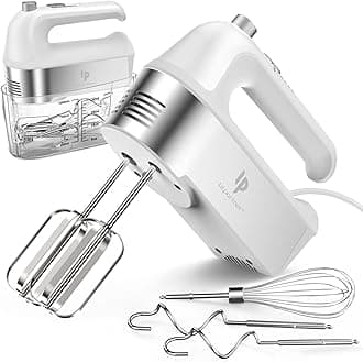 Hand Mixer Electric, 450W Kitchen Mixers with Scale Cup Storage Case, Turbo Boost/Self-Control Speed + 5 Speed + Eject Button + 5 Stainless Steel Accessories, For Easy Whipping Dough, Cream, White