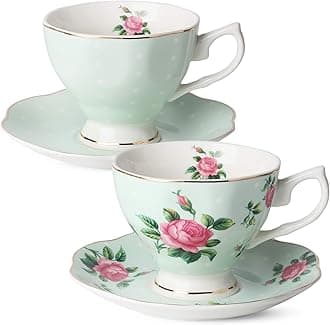 BTaT- Floral Tea Cups and Saucers, Set of 2, 8oz, Coffee Cups with Gold Trim, British Tea Cups