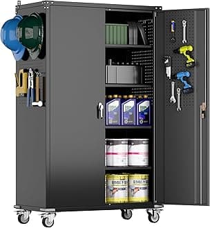 72" H Wide and Deep Garage Storage Cabinet with Wheels & Pegboard, Large Locking Metal Storage Cabinet with 2 Doors and 4 Adjustable Shelves for Garage, Home, Assembly Required, Black