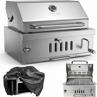 Large Charcoal BBQ Grills, Built in Barbecue Grill with Liftable Tray, Insulated Hood & Temp Gauge, Silver Stainless Steel BBQ Barrel Grill for Outdoor Kitchen Cooking Family Parties Patio Park Style