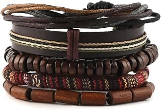 HZMAN Wrap Bracelets Men Women, Hemp Cords Wood Beads Ethnic Tribal Bracelets, Leather Wristbands