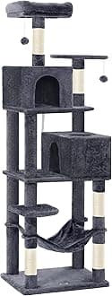 Cat Tree, 73.2-Inch Tall Cat Tower, Plush Multi-Level Condo with 5 Scratching Posts, 2 Perches, 2 Caves, Hammock, 2 Pompoms, Smoky Gray UPCT191G01