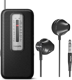 Philips AM FM Battery Operated Portable Pocket Radio, AM FM Compact Transistor Radios Player with Bonus Philips in-Ear Headphones (Black)