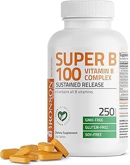 Bronson Super B 100 Vitamin B Complex Sustained Release Contains All B Vitamins (Vitamin B1, B2, B3, B6, B9 - Folic Acid, B12) Supports Energy Metabolism & Nervous System Health, Non-GMO, 250 Tablets