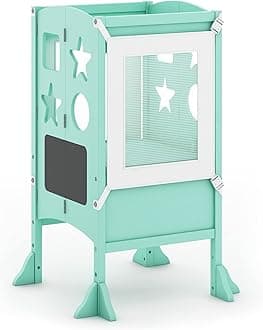 Guidecraft Classic Kitchen Helper® Stool and 2 Keepers - Blue: Adjustable Platform, Non-Slip mat, Mesh Keepers and Whiteboard/Chalkboard Surfaces