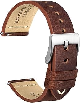 WOCCI 18mm Old-fashioned Watch Band for Men, Top Grain Leather, Silver Brushed Buckle (Pecan Brown)