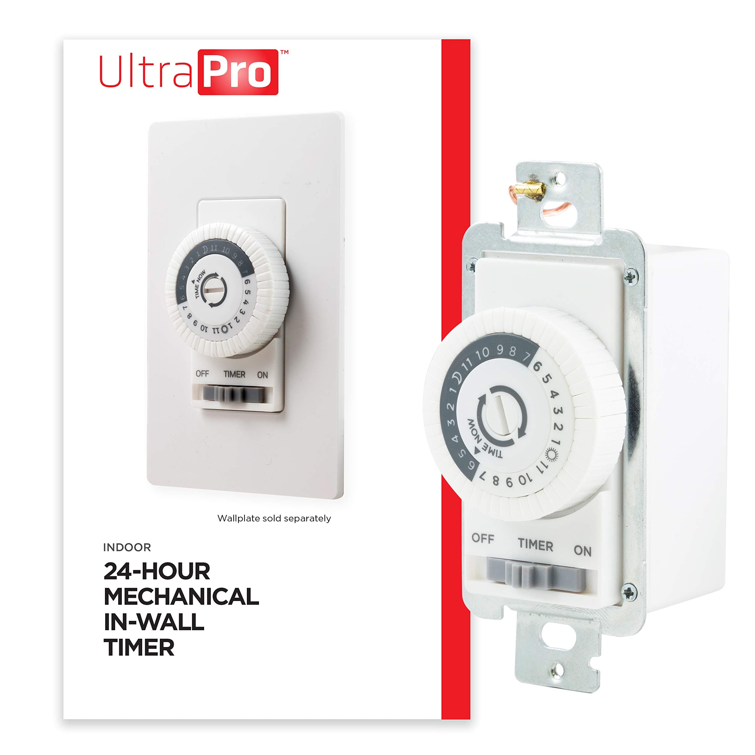UltraPro 24-Hour Indoor Mechanical In-Wall Timer, 30 Minute Interval, Neutral Wire Required, Dial Light Switch for Lights, Bathroom Fan, Exhaust Fan, Single Pole Wall Timer Switch, White, 41092