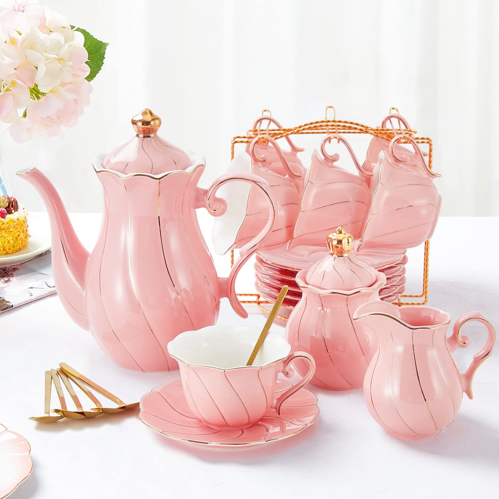 22 pcs Porcelain Tea Set for 6, Luxury British Style Tea/Coffee Cup Set with Golden Trim, Beautiful Tea Set for Women, Tea Party Set, Gift Package (With a Stand) - Pink