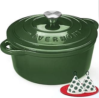 Overmont Enameled Cast Iron Dutch Oven - 5.5QT Pot with Lid Cookbook & Cotton Potholders - Heavy-Duty Cookware for Braising, Stews, Roasting, Bread Baking Glossy Green