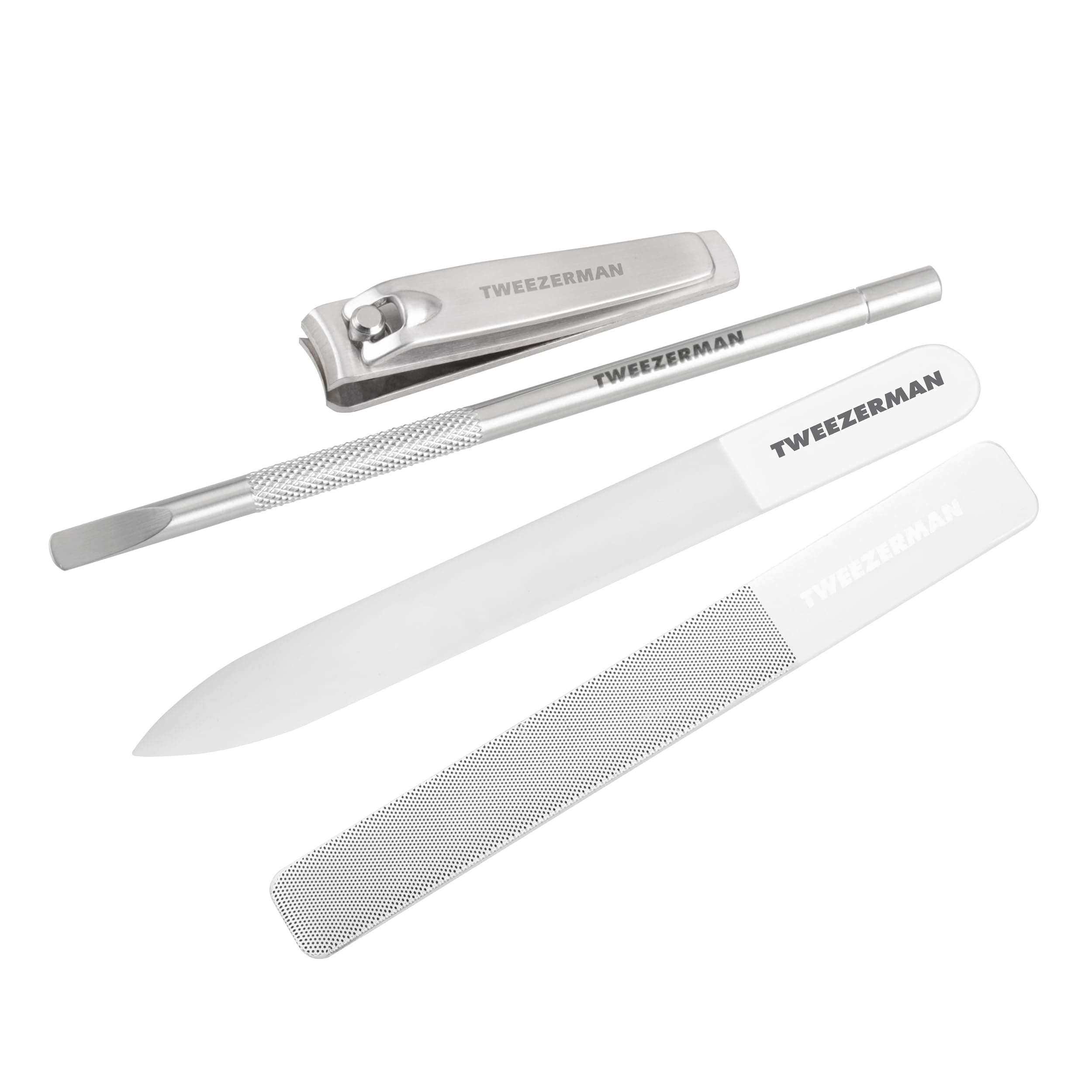 Tweezerman Glass Manicure Set Includes Nail Clipper, Cuticle Pusher, Glass Nail File, and Nail Buffer