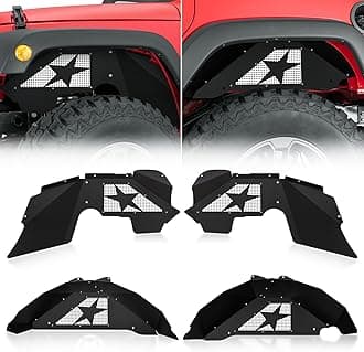 Front & Rear Inner Fender Liners Compatible with 2007-2018 Jeep Wrangler JK & JKU (2/4Doors), Slanted White Star Style Mud Guards Steel Wheel Well Cover Fenders Flares
