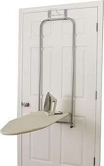 144222 Over The Door Small Ironing Board with Iron Holder, Natural Cotton Cover Silver