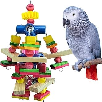 Natural Wood Block Parrot Toys, Medium-Sized Bird Toys for African Grey Parrots, Cockatoos, Small Macaws, Amazon Parrots and Other Birds