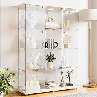 Glass Display Cabinet 12 Shelves with 2 Doors,Middle Open Display, Locking,LED Push Lights with Remote Control,4mm Tempered Glass Floor-to-Ceiling Glass Bookcase for Bedroom, Living Room,White