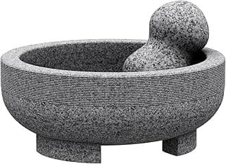 Large Mortar and Pestle - 4 Cup Unpolished Granite Bowl Molcajete Mexican Mortar Handmade Stone Grinder for Guacamole Pastes Pestos in Family Day, Mortar and Pestle, Gray, 8 Inches