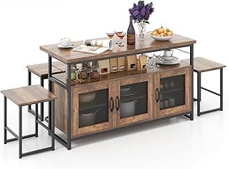 Giantex Dining Table Set for 4, Kitchen Island with Seating Bench & Stools, Storage Cabinet, 3-Position Adjustable Shelves, Bar Table and Chairs Set for Small Space, Kitchen Table Chairs Set of 4