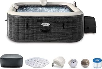 PureSpa Greystone Deluxe 6 Person Square Inflatable Hot Tub, Bubble Massage Spa Set with Energy Efficient Cover, 2 Headrests, & LED Light, 77 in x 28 in