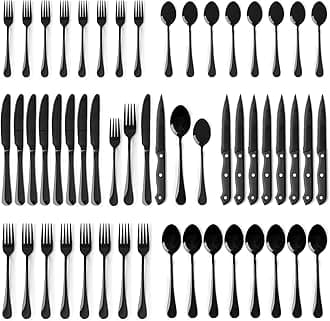 Astercook Silverware Set 48-Piece Black Flatware Set with Steak Knives Food-Grade Stainless Steel Cutlery Set for 8 Mirror Polished Utensils Set Include Spoons and Forks for Home Kitchen Restaurant