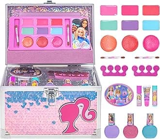 - Barbie Train Case Beauty Set, Kids Makeup Kit for Girls, Real Washable Makeup Set, Play Makeup, Party Favor, Birthday, Ages 3 4 5 6 7 8 9 10 11 12 by Townley Girl