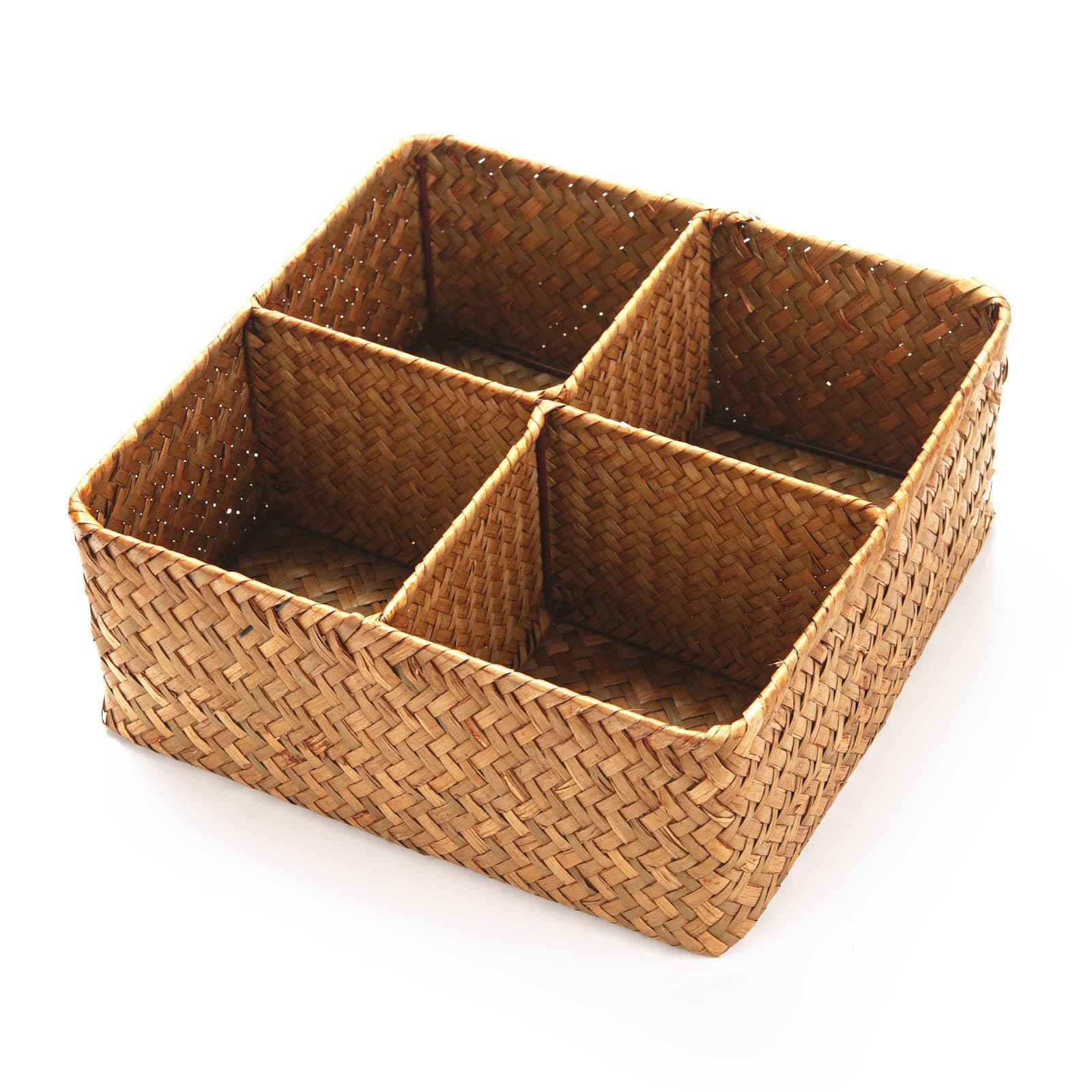 Woven Seagrass Storage Basket with 4 Divided Sections, Wicker Basket Bin Box Organizer for Countertops/Closet/Shelf/Dresser