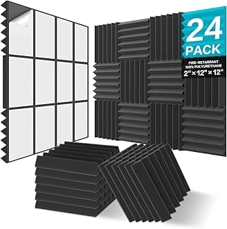 24 Pack Sound Proof Acoustic Foam Panels, Thicken, 5 X 30 X 30 cm Self-Adhesive Acoustic Wall Paddings for Home Office Studios (Black)