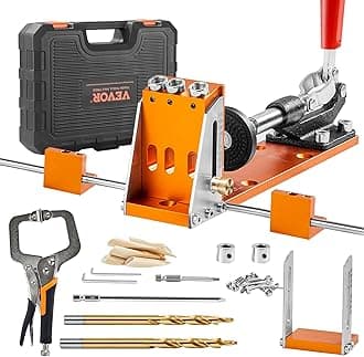 Pocket Hole Jig Kit, 34 Pcs Pocket Hole Jig System with 11" C-clamp, Fixture, Step Drills, Wrenches, Drill Stop Rings, Square Drive Bits, Toolbox, for DIY Carpentry Projects, Adjustable