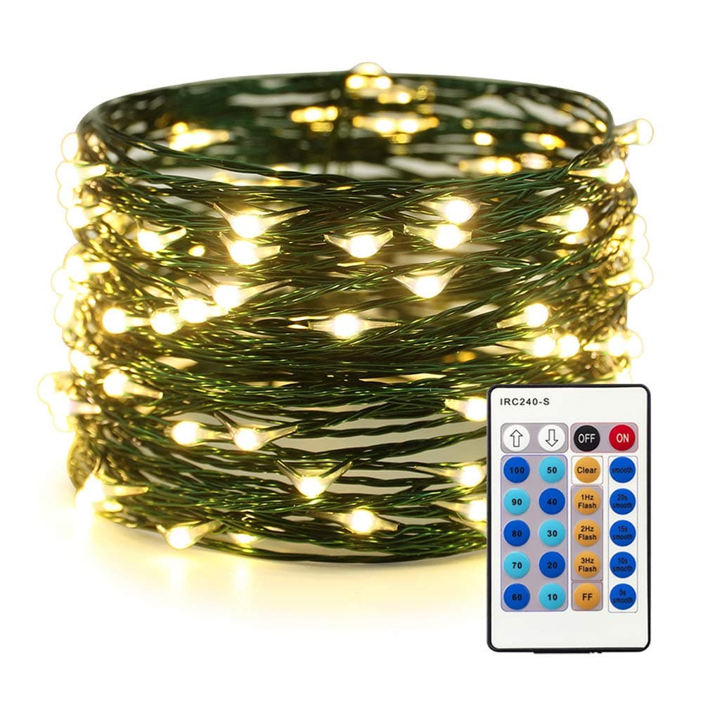 ER CHEN Dimmable LED String Lights Plug in, 33ft 100 LED Waterproof Fairy Lights with Remote, Indoor/Outdoor Copper Wire Christmas Lights for Bedroom, Patio, Garden, Yard (Green Wire, Warm White)