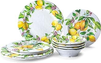 LEHAHA Lemon Melamine Dinnerware Dish Set – 12 Piece Indoor and Outdoor Plates and Bowls Sets for Everyday Use, Dishwasher Safe, Unbreakable Kitchen Dinner Set, Service for 4…
