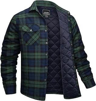 Men's Flannel Shirt Jacket Quilted Lined Plaid Coats Warm Winter Jacket Thick Button Down Coat with 5 Pockets