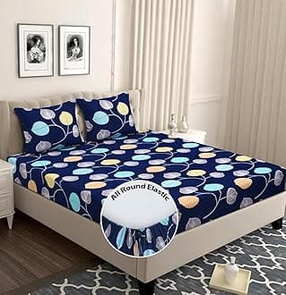 BSB HOME Premium Glace Cotton Elastic Fitted Bedsheets with 2 King Size Pillow Covers | Double Bed with All Around Elastic 180 TC Supersoft | Size - 72 King Sizex78+10 inches| Leaf Printed Blue Teal