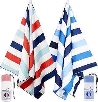 2 Pack Oversized Quick Dry Beach Towels, Microfiber Sandfree Cabana Stripe Pool Bath Swim Towel with Bag, Lightweight and Thin (Blue and Navy, 35x70 Inches)