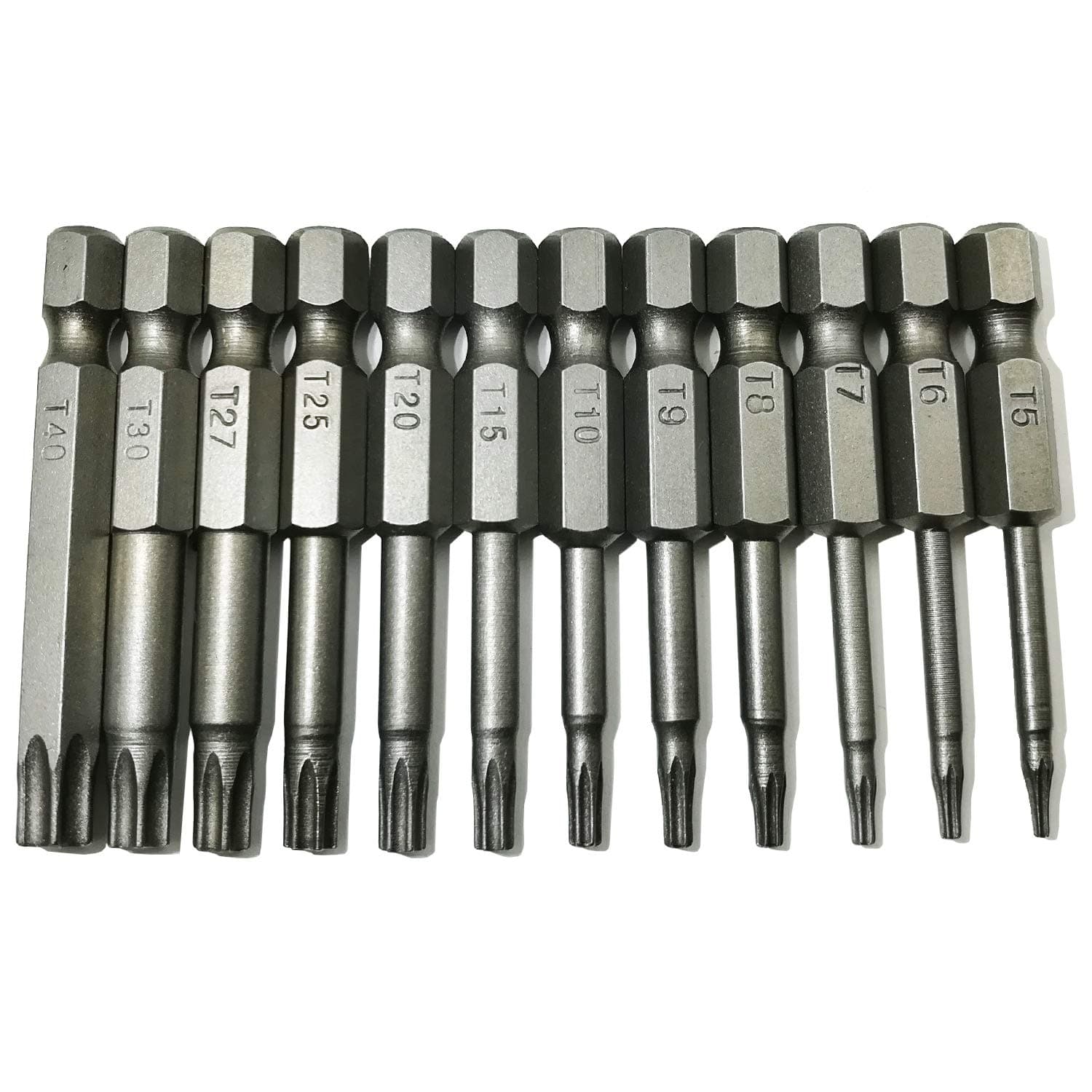 Torx Head Screw Driver Bit 12 Pcs Security Torx bit set T5 T6 T7 T8 T9 T10 T15 T20 T25 T27 T30 T40 Size 2 inch Length 1/4 Hex Shank S2 Steel Magnetic Star 6 Point Screwdriver bit set