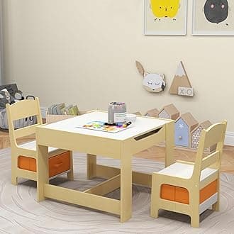 Kids Table and Chairs, Multifunctional Wooden Toddler Activity Desk Set w/Reversible Tabletop, Storage Drawers and Bookshelves for Drawing, Reading, Crafts, Toddler Table and Chair Set