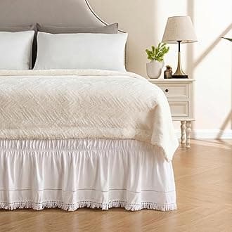 MIYE Wrap Around Ruffled Lace Bed Skirt, Elastic Dust Ruffle with Adjustable Belts, Easy to Put On, Bed Frame Cover, Machine Washable (Tassel Ruffle/White, King/Queen-15 Drop)