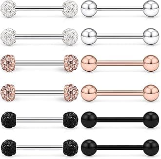 Lcolyoli 12-16Pcs 16G 14G Surgical Steel Tongue Ring Nipple Shield Barbell Ring Bar Nipplerings Body Piercing Jewelry for Women Men